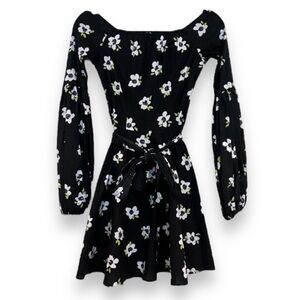 Caroline Constas Black Floral Belted Off-the-Shoulder Long Sleeve Mini Dress XS